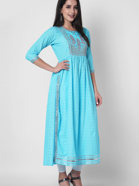 Women Printed Viscose Rayon Flared Kurta  (Light Blue)