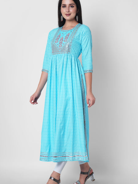 Women Printed Viscose Rayon Flared Kurta  (Light Blue)