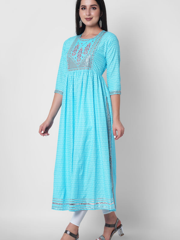 Women Printed Viscose Rayon Flared Kurta  (Light Blue)
