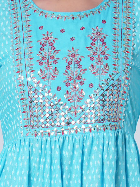 Women Printed Viscose Rayon Flared Kurta  (Light Blue)