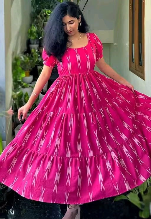 Women’s Pink Ikat Printed Anarkali Style Long Flared Kurta