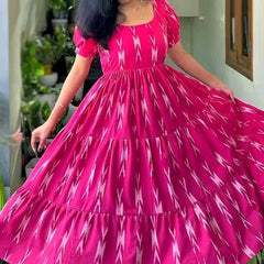 Women’s Pink Ikat Printed Anarkali Style Long Flared Kurta