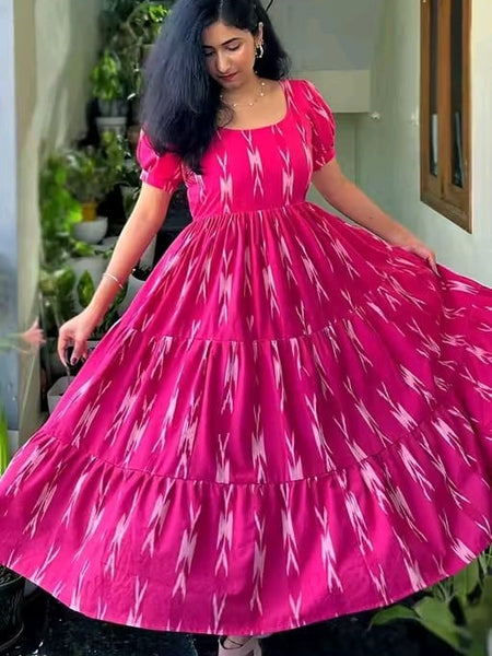 Women’s Pink Ikat Printed Anarkali Style Long Flared Kurta