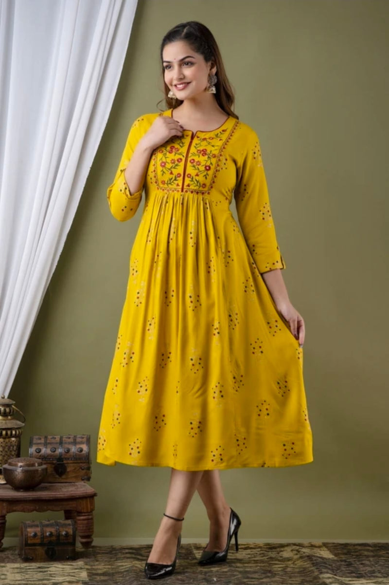 Women’s Mustard Yellow Embroidered Anarkali Kurti – Flared Ethnic Dress with 3/4 Sleeves