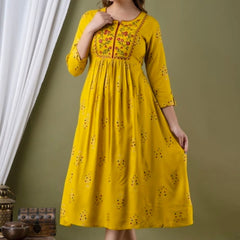 Women’s Mustard Yellow Embroidered Anarkali Kurti – Flared Ethnic Dress with 3/4 Sleeves