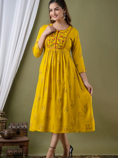 Women’s Mustard Yellow Embroidered Anarkali Kurti – Flared Ethnic Dress with 3/4 Sleeves