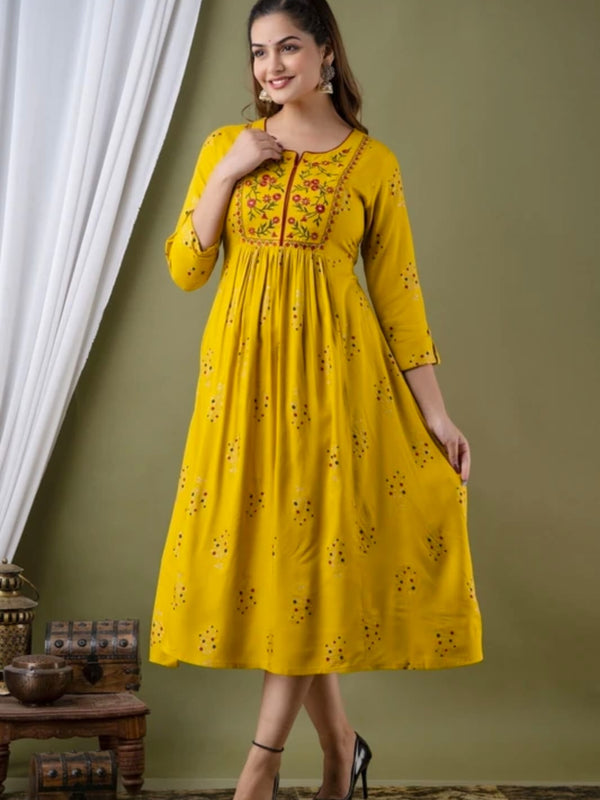 Women’s Mustard Yellow Embroidered Anarkali Kurti – Flared Ethnic Dress with 3/4 Sleeves