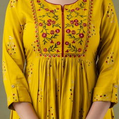 Women’s Mustard Yellow Embroidered Anarkali Kurti – Flared Ethnic Dress with 3/4 Sleeves
