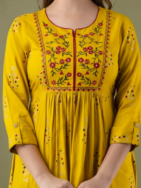 Women’s Mustard Yellow Embroidered Anarkali Kurti – Flared Ethnic Dress with 3/4 Sleeves