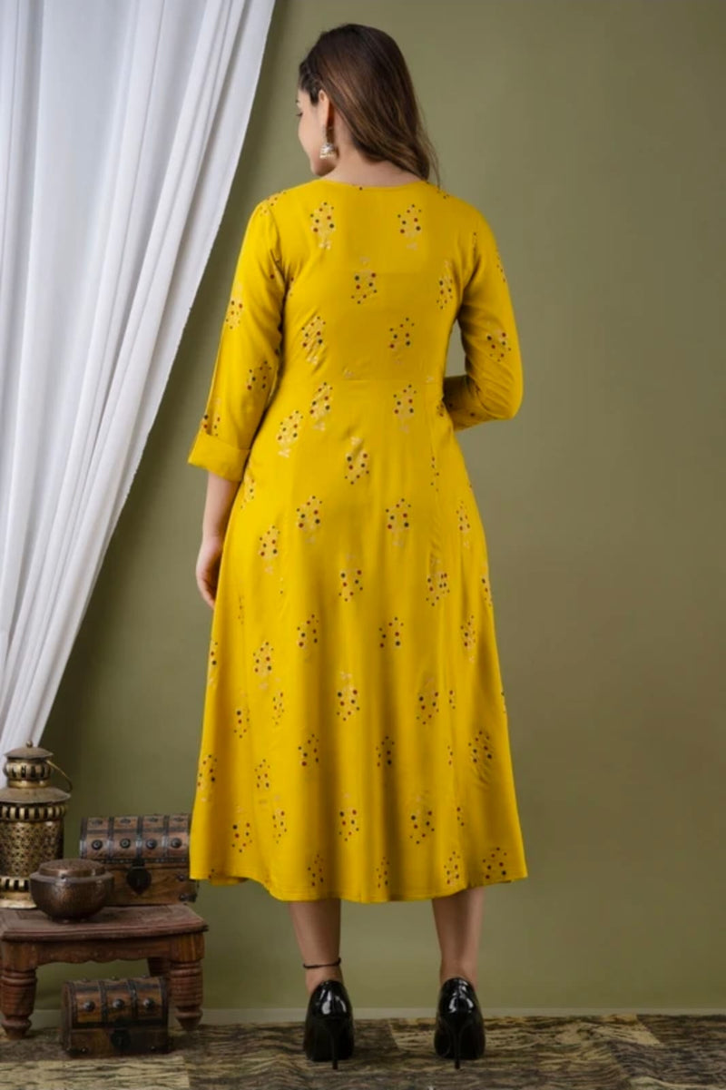 Women’s Mustard Yellow Embroidered Anarkali Kurti – Flared Ethnic Dress with 3/4 Sleeves