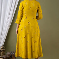 Women’s Mustard Yellow Embroidered Anarkali Kurti – Flared Ethnic Dress with 3/4 Sleeves