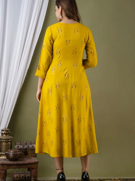 Women’s Mustard Yellow Embroidered Anarkali Kurti – Flared Ethnic Dress with 3/4 Sleeves