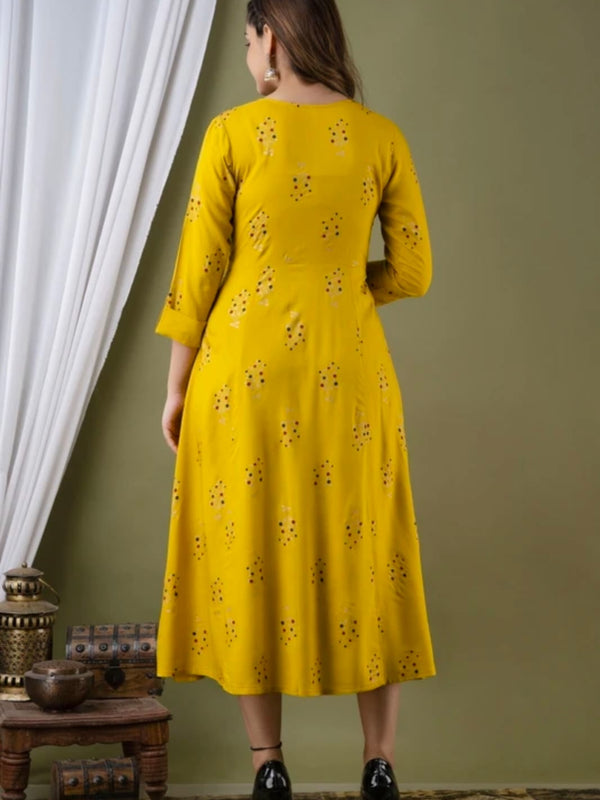 Women’s Mustard Yellow Embroidered Anarkali Kurti – Flared Ethnic Dress with 3/4 Sleeves