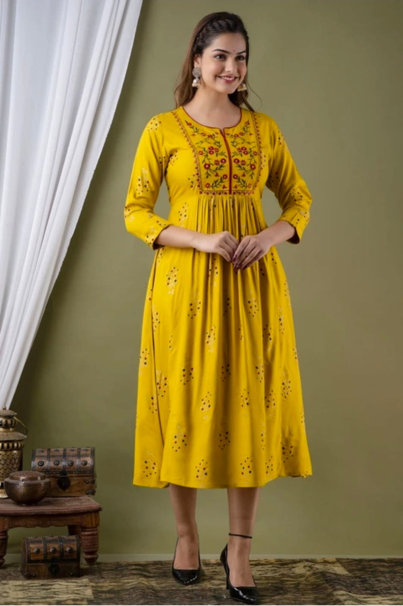 Women’s Mustard Yellow Embroidered Anarkali Kurti – Flared Ethnic Dress with 3/4 Sleeves