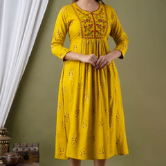 Women’s Mustard Yellow Embroidered Anarkali Kurti – Flared Ethnic Dress with 3/4 Sleeves