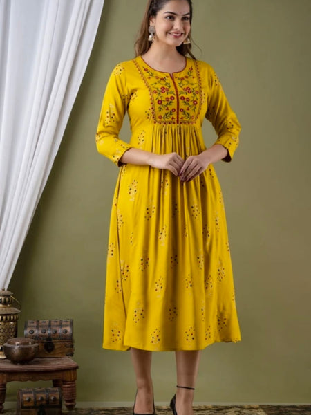 Women’s Mustard Yellow Embroidered Anarkali Kurti – Flared Ethnic Dress with 3/4 Sleeves
