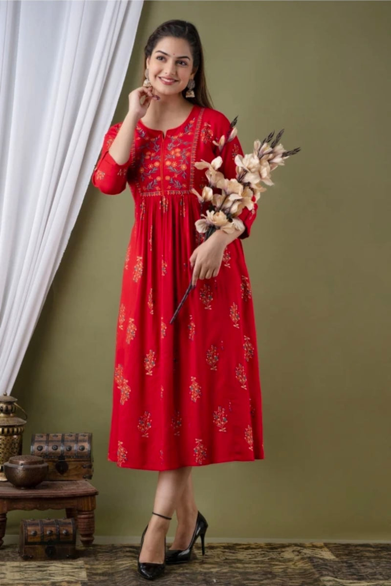 Women’s Red Embroidered Anarkali Kurti – Flared Ethnic Dress with 3/4 Sleeves