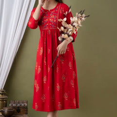 Women’s Red Embroidered Anarkali Kurti – Flared Ethnic Dress with 3/4 Sleeves