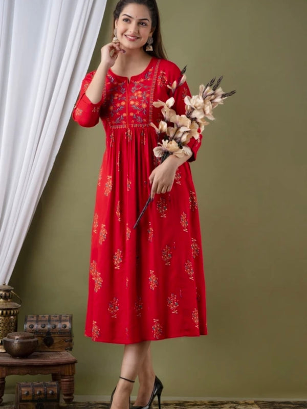 Women’s Red Embroidered Anarkali Kurti – Flared Ethnic Dress with 3/4 Sleeves