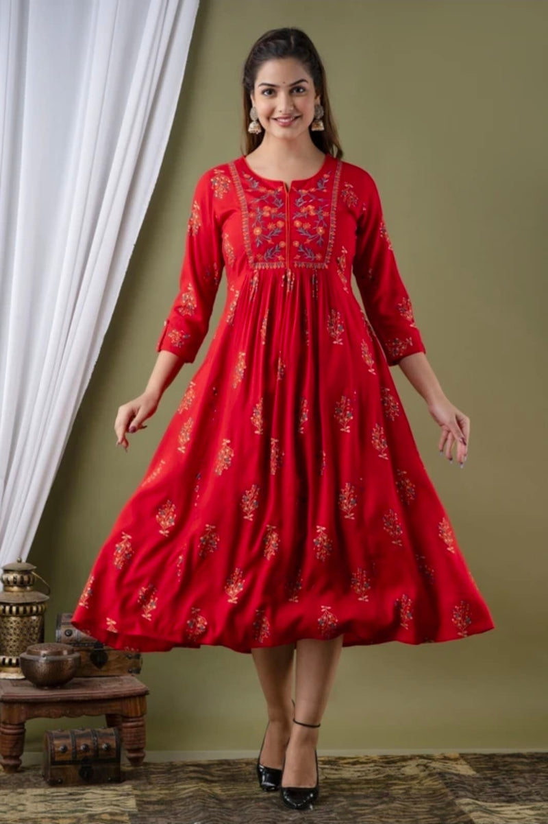 Women’s Red Embroidered Anarkali Kurti – Flared Ethnic Dress with 3/4 Sleeves