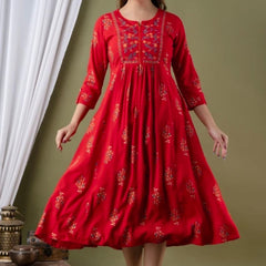 Women’s Red Embroidered Anarkali Kurti – Flared Ethnic Dress with 3/4 Sleeves