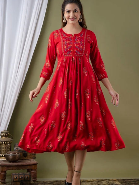 Women’s Red Embroidered Anarkali Kurti – Flared Ethnic Dress with 3/4 Sleeves