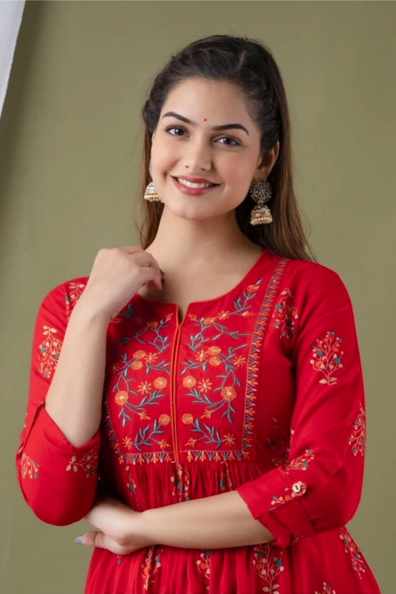 Women’s Red Embroidered Anarkali Kurti – Flared Ethnic Dress with 3/4 Sleeves