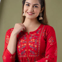Women’s Red Embroidered Anarkali Kurti – Flared Ethnic Dress with 3/4 Sleeves