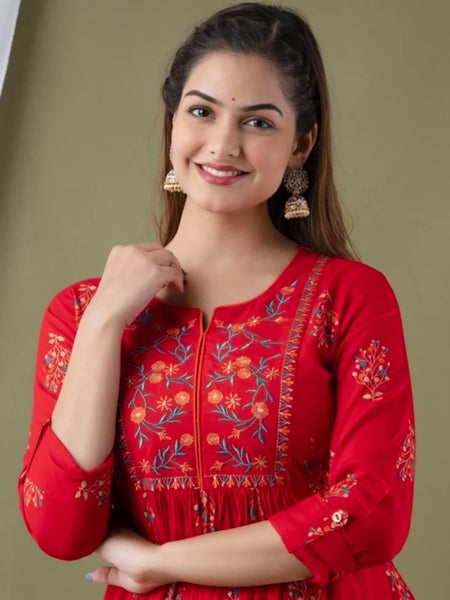 Women’s Red Embroidered Anarkali Kurti – Flared Ethnic Dress with 3/4 Sleeves