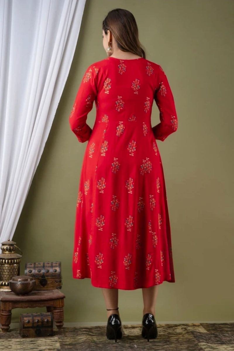 Women’s Red Embroidered Anarkali Kurti – Flared Ethnic Dress with 3/4 Sleeves