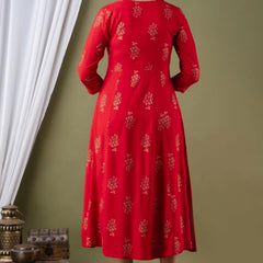 Women’s Red Embroidered Anarkali Kurti – Flared Ethnic Dress with 3/4 Sleeves
