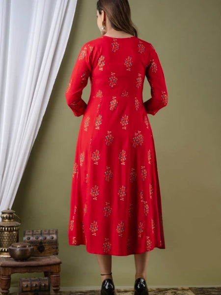 Women’s Red Embroidered Anarkali Kurti – Flared Ethnic Dress with 3/4 Sleeves