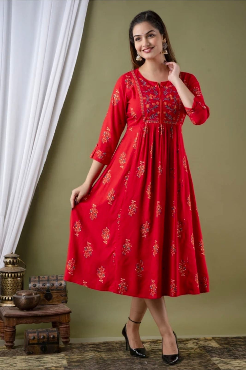 Women’s Red Embroidered Anarkali Kurti – Flared Ethnic Dress with 3/4 Sleeves
