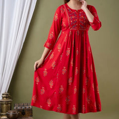 Women’s Red Embroidered Anarkali Kurti – Flared Ethnic Dress with 3/4 Sleeves