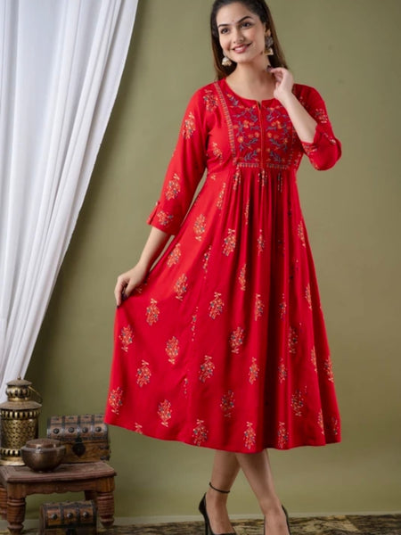 Women’s Red Embroidered Anarkali Kurti – Flared Ethnic Dress with 3/4 Sleeves