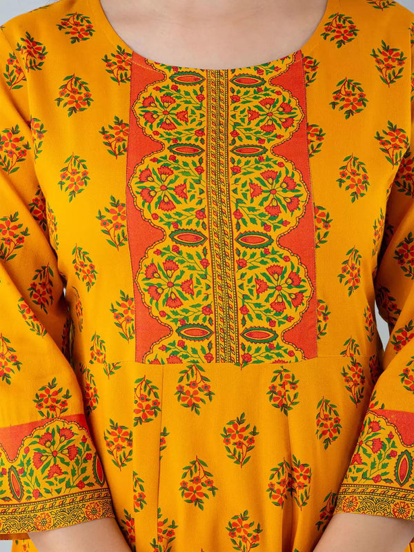 Yellow Printed Women Anarkali Kurta in Viscose Rayon