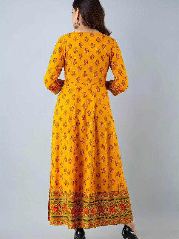 Yellow Printed Women Anarkali Kurta in Viscose Rayon
