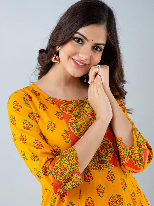 Yellow Printed Women Anarkali Kurta in Viscose Rayon