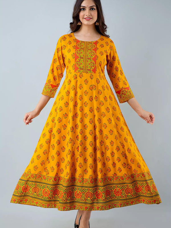 Yellow Printed Women Anarkali Kurta in Viscose Rayon