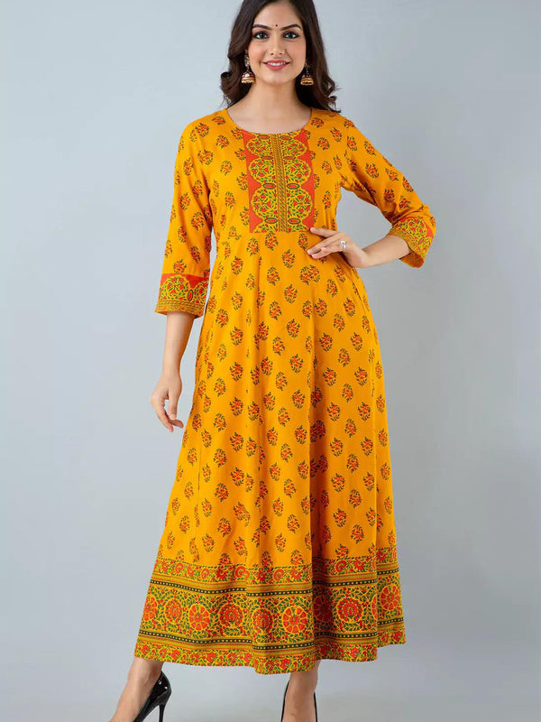 Yellow Printed Women Anarkali Kurta in Viscose Rayon