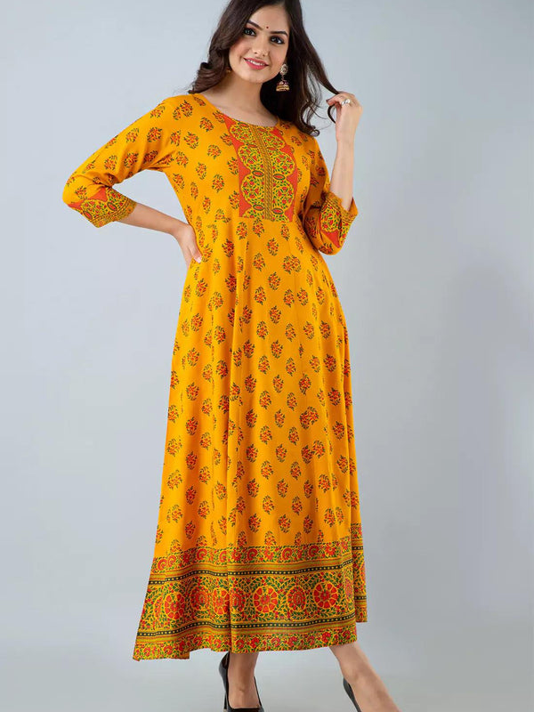 Yellow Printed Women Anarkali Kurta in Viscose Rayon