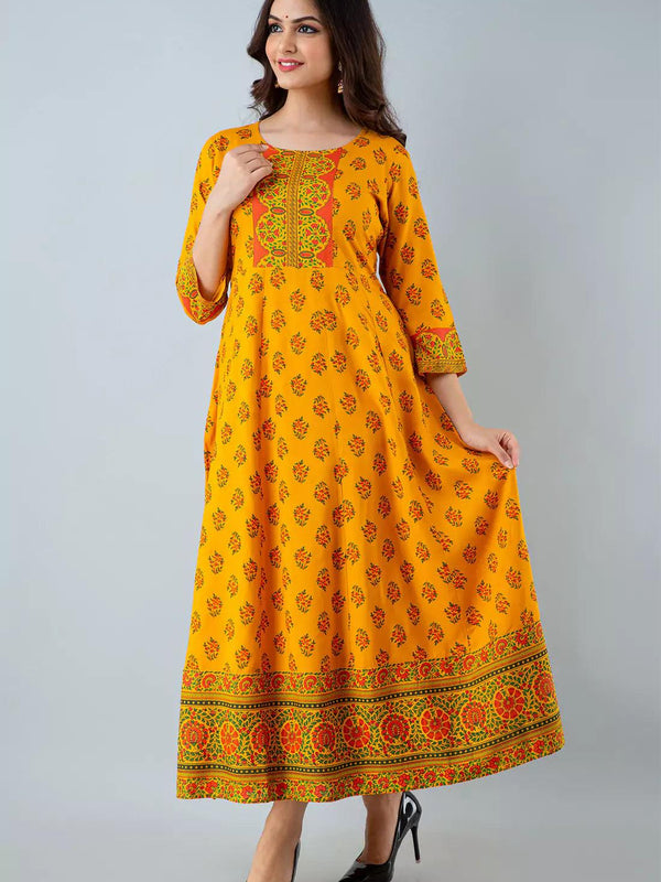 Yellow Printed Women Anarkali Kurta in Viscose Rayon