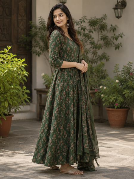 Women’s Green Anarkali Kurta Set with Dupatta