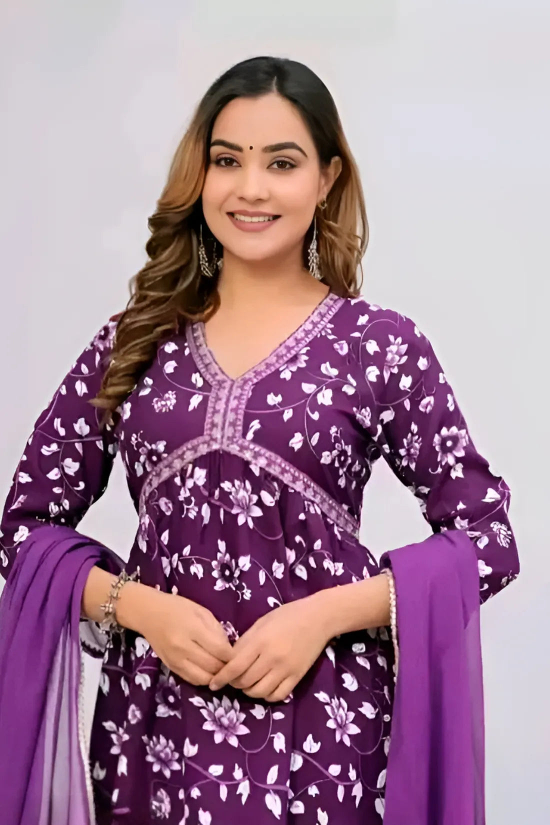 Bairaj Women's Aliya Cut Floral Printed Embroidered Kurta Set with Dupatta