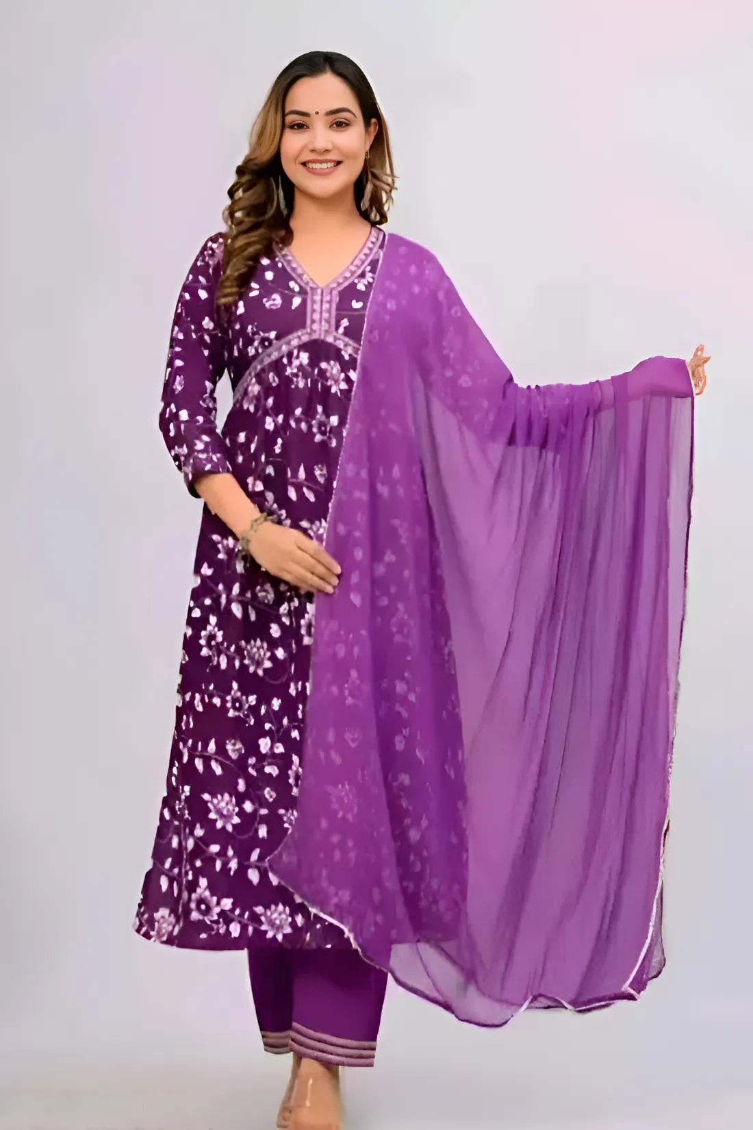 Bairaj Women's Aliya Cut Floral Printed Embroidered Kurta Set with Dupatta