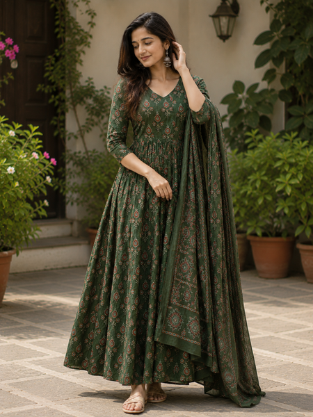 Women’s Green Anarkali Kurta Set with Dupatta