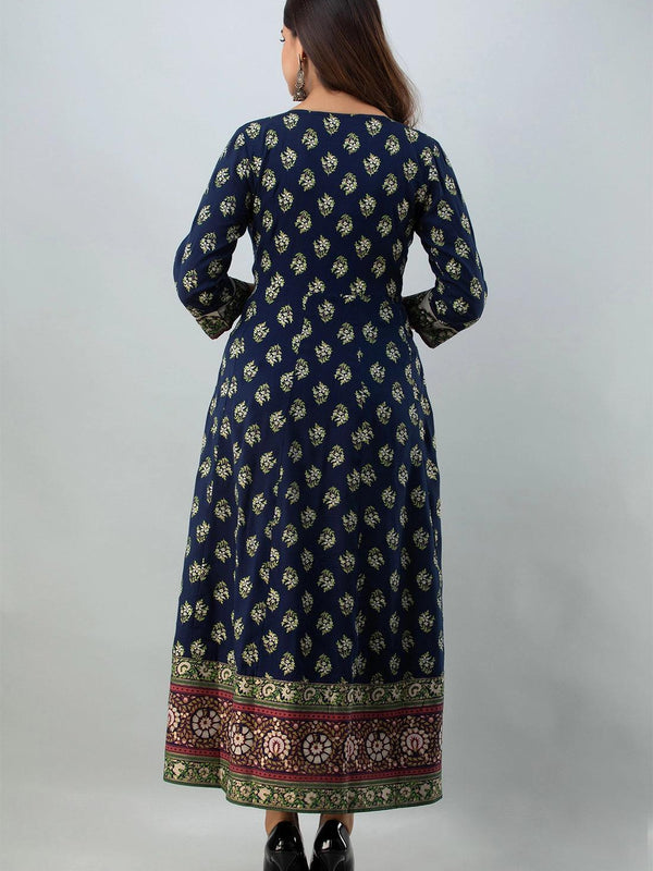 Bairaj Blue Printed Women Anarkali Kurta in Viscose Rayon