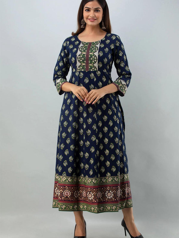 Bairaj Blue Printed Women Anarkali Kurta in Viscose Rayon