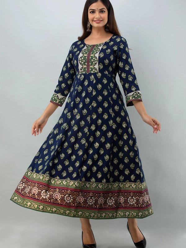 Bairaj Blue Printed Women Anarkali Kurta in Viscose Rayon