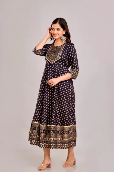 Bairaj Blue Anarkali Gown in Viscose Rayon with Embroidery design Front View Flared